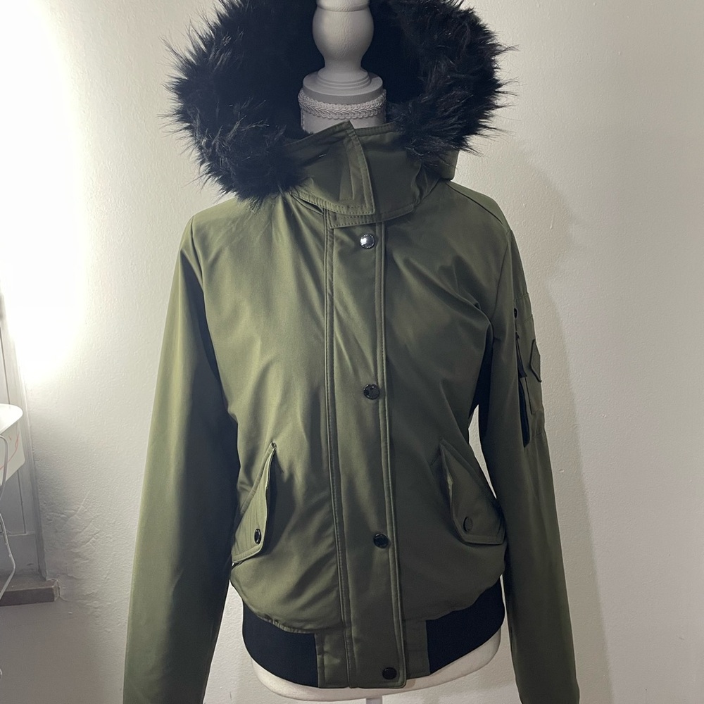 Hollister Green Bomber Jacket with Black Fur Trim